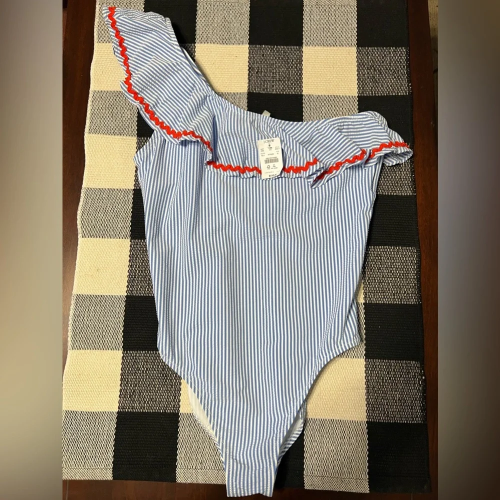 New J. Crew Blue and White Striped One-Shoulder Swimsuit! Too big for me! - Picture 3 of 11